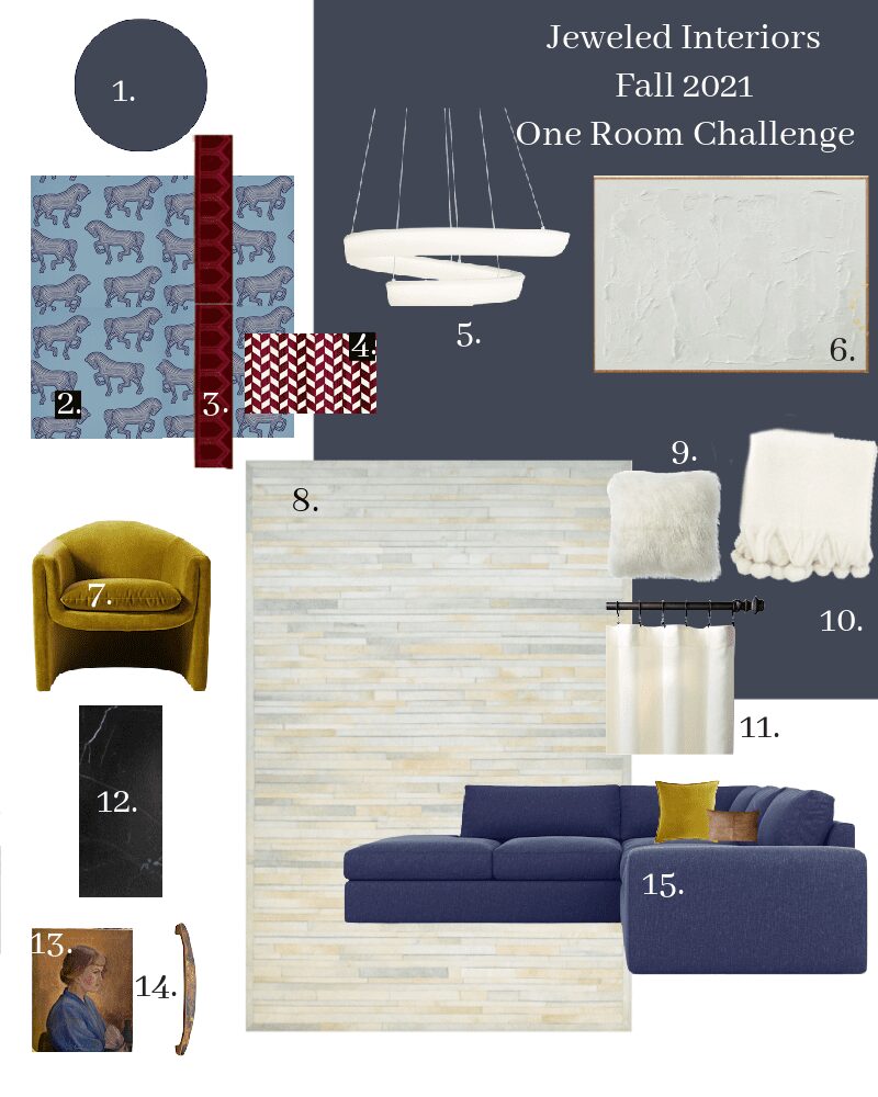 Fall 2021 One Room Challenge, Jewel Marlowe, One Room Challenge, Entryway, dining room, TV room, Schumacher, Feather Bloom, fine and dandy wallpaper co, burl, navy, green, crystal knob handle