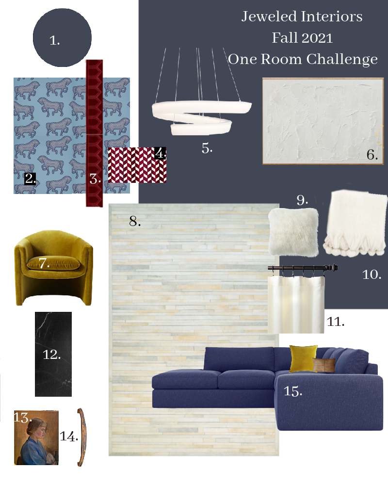 Fall 2021 One Room Challenge, Jewel Marlowe, One Room Challenge, Entryway, dining room, TV room, Schumacher, Feather Bloom, fine and dandy wallpaper co, burl, navy, green, crystal knob handle