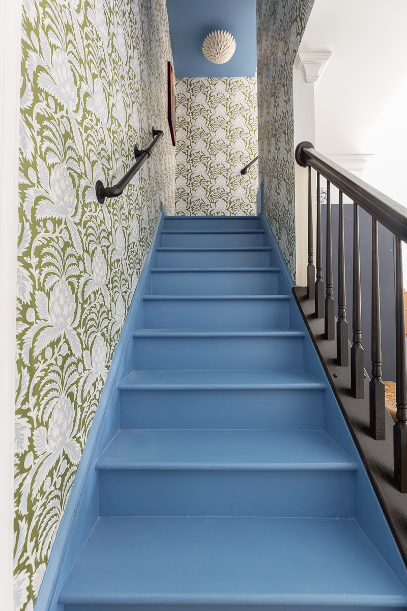  staircase makeover, painted stairs, cook's blue, artichoke wallpaper, brooch flush mount, olive green, diy, budget friendly, Serena and lily