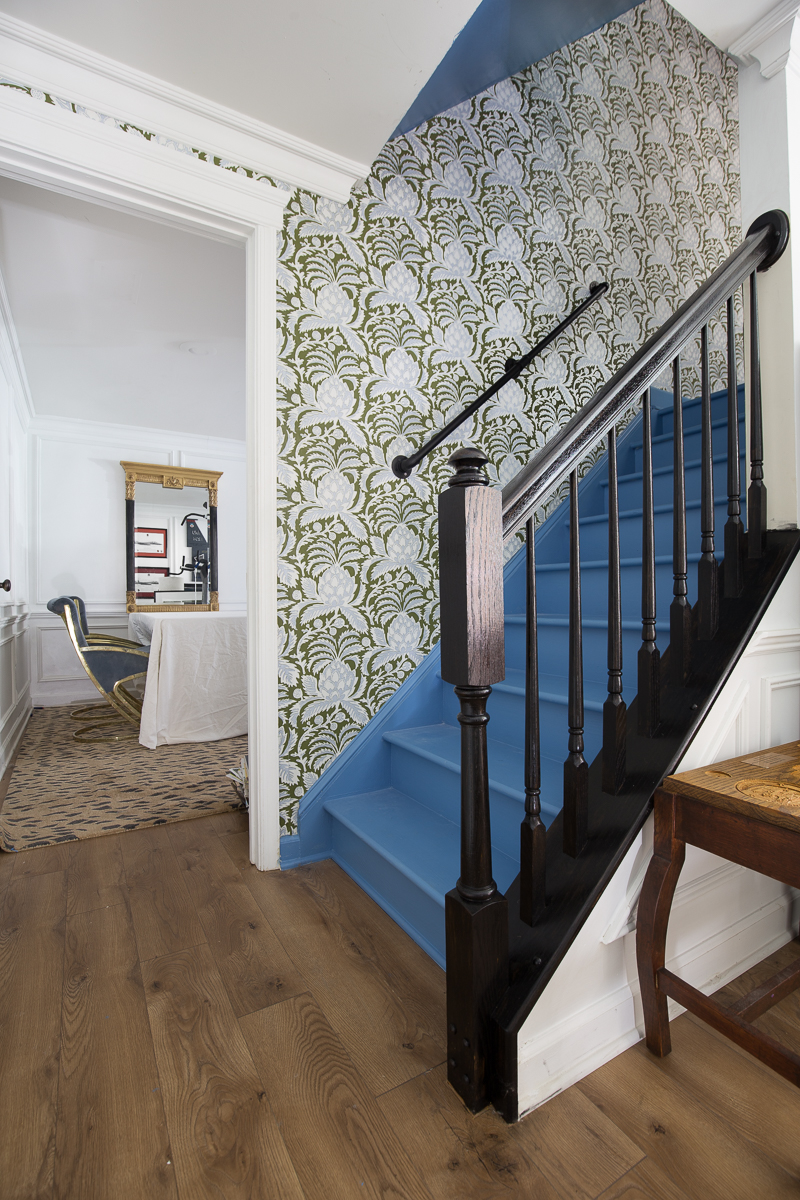  staircase makeover, painted stairs, cook's blue, artichoke wallpaper, brooch flush mount, olive green, diy, budget friendly, Serena and lily