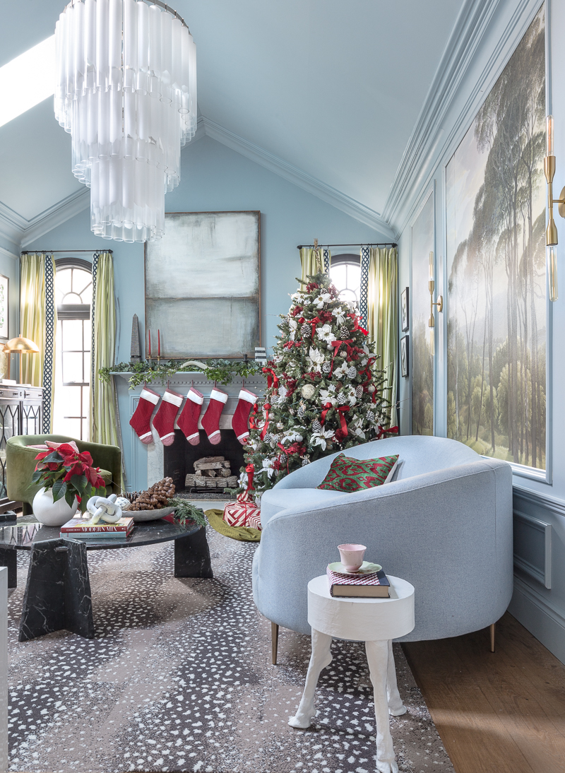 Christmas tree ideas. holiday decorating, , Christmas tree, Anthropologie chair, tripod chair, Christmas tree, holiday decor, 2021, 2022, Christmas trends