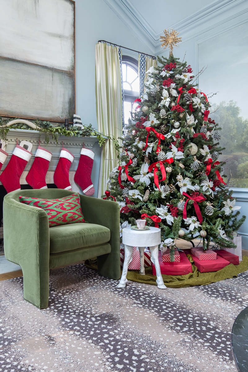 Christmas tree ideas. holiday decorating, , Christmas tree, Anthropologie chair, tripod chair, Christmas tree, holiday decor, 2021, 2022, Christmas trends