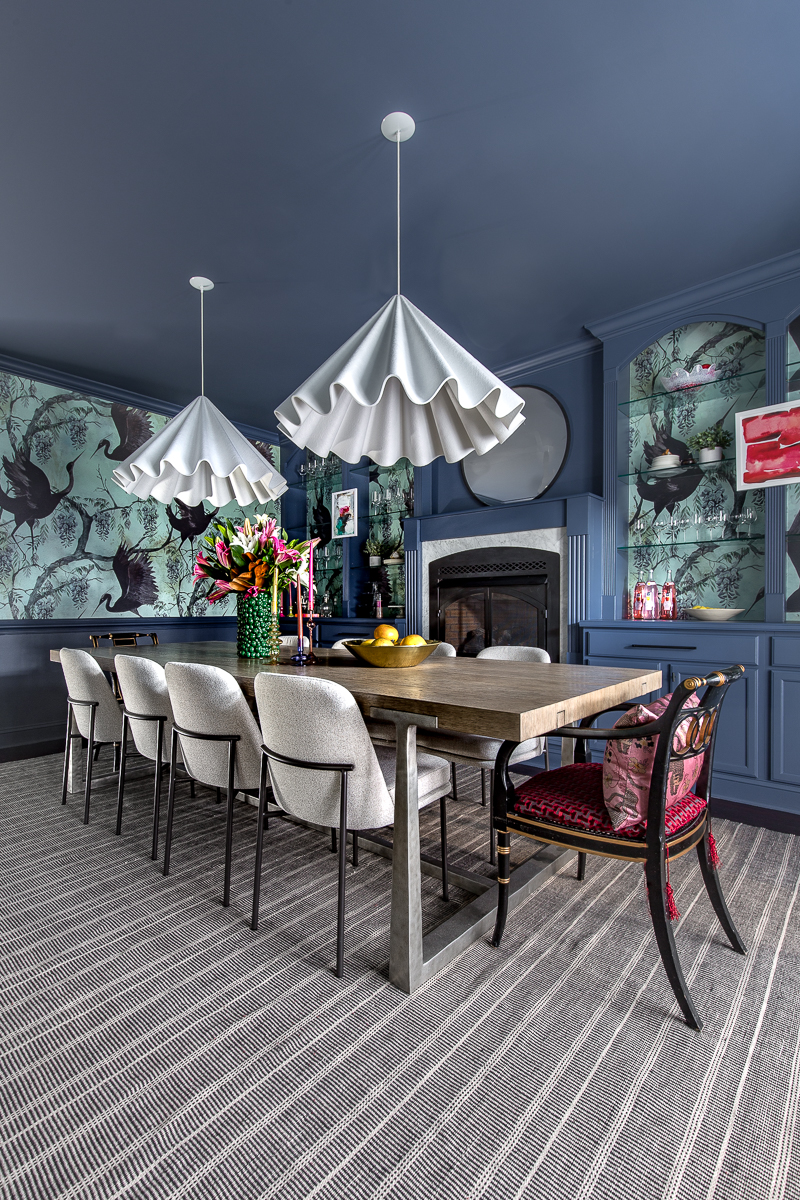 dining room, blue and green, pops of red, over scaled chandeliers, chinoiserie wallpaper, Jeweled Interiors Design Services, blog, 