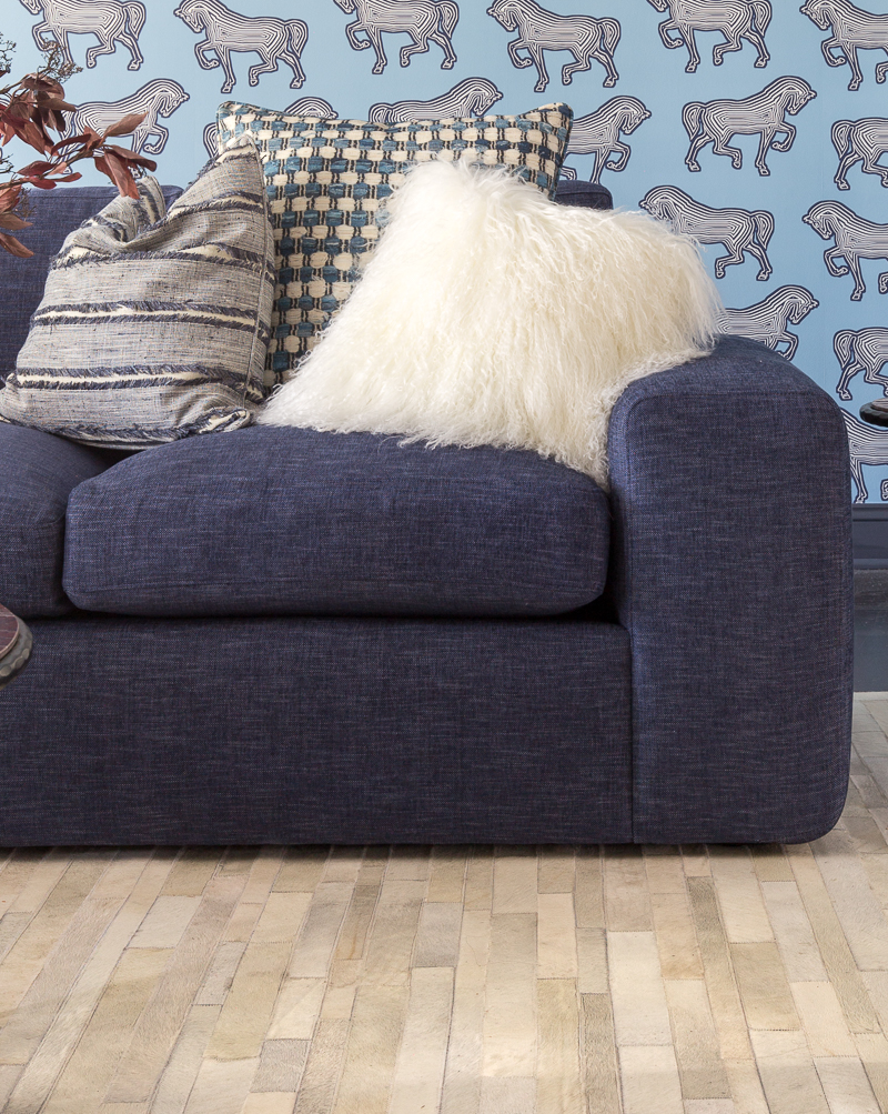 benchmade modern, og couch potato sofa, annie selke pillows, couristan plank rug, schumacher foubourg wallpaper