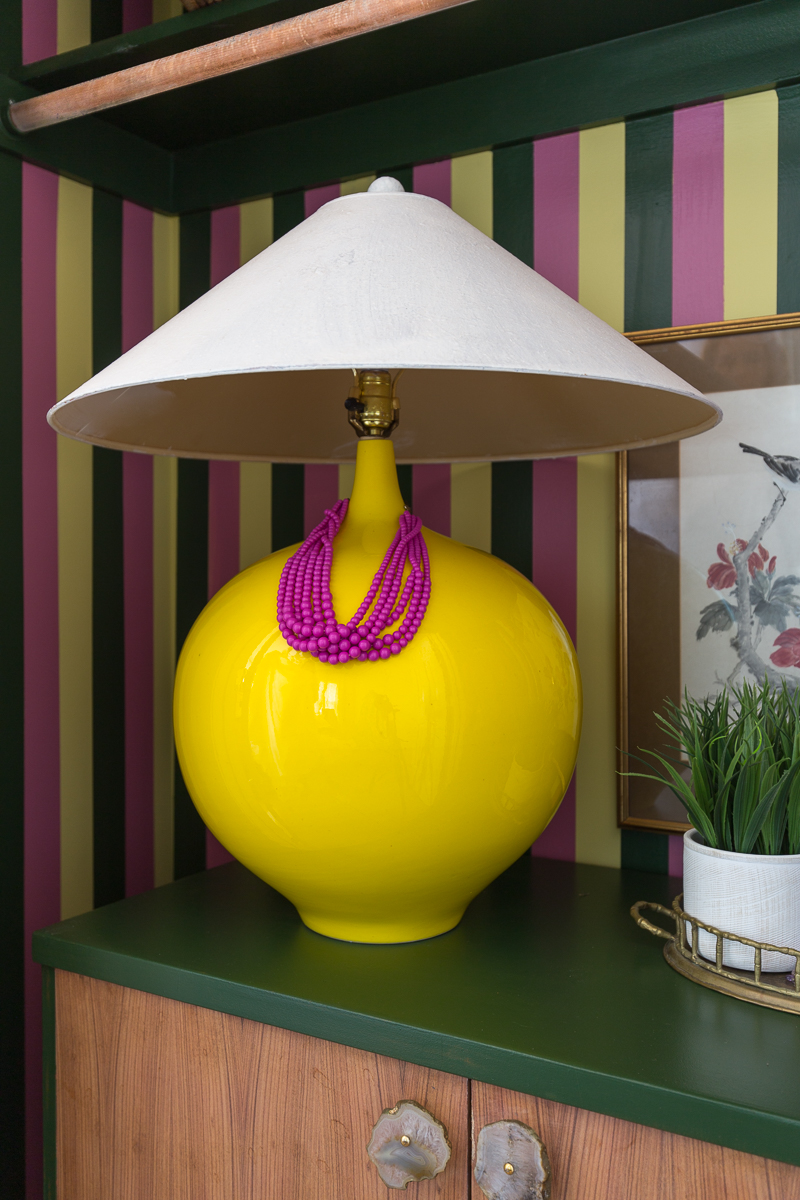 frog tape, striped closet, diy, tutorial, citron, purple, green, vintage, yellow lamp, art, baskets,