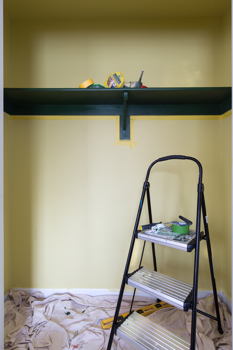 How to paint your closet, frog tape, striped closet, diy, tutorial, citron, purple, green, vintage, yellow lamp, art, baskets,