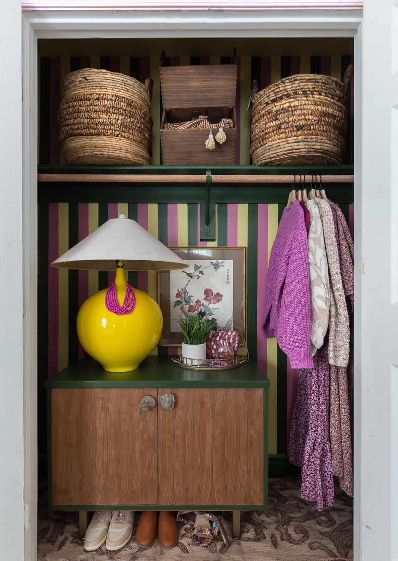 How to paint your closet, frog tape, striped closet, diy, tutorial, citron, purple, green, vintage, yellow lamp, art, baskets,