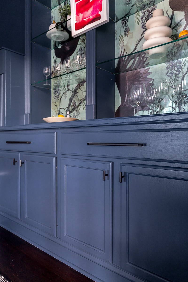 Emtek select hardware, blue cabinetry, fine and dandy Wallcovering