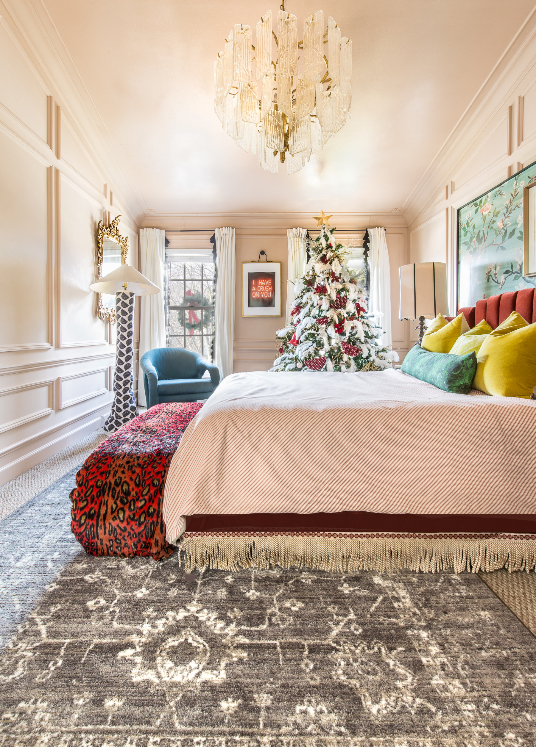 holiday bedroom decorations, living room decor, Christmas tree, main bedroom, primary bedroom, glamorous bedroom, setting plaster, farrow and ball, diy headboard