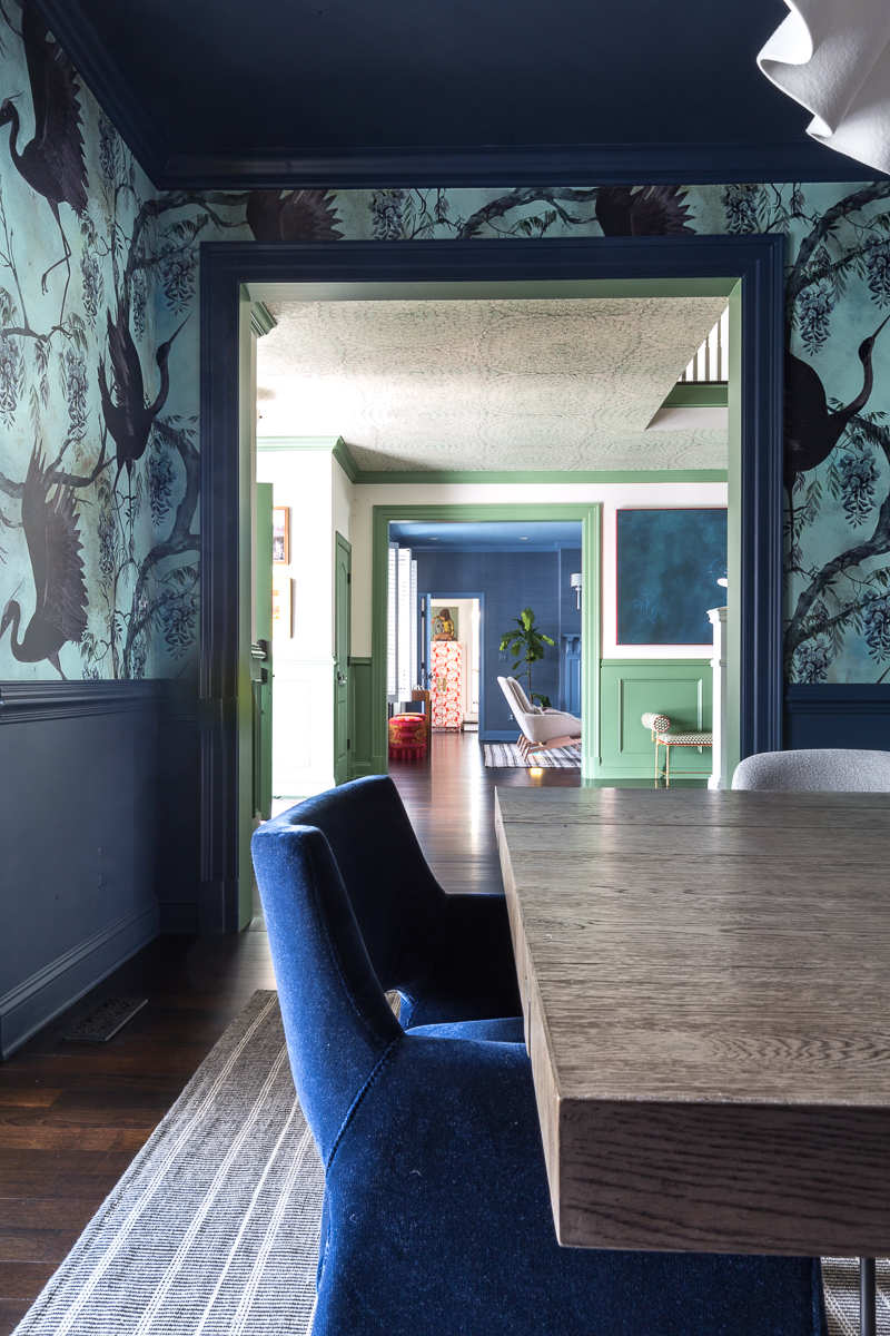 dining room, entryway, living room, bird wallpaper, annie selke, rug, entryway bench, green paint, blue grasscloth