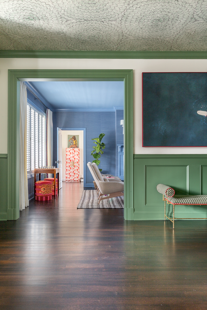 grasscloth living room after, entryway, green, blue, red, grasscloth, living room, blue, schumacher prado tape, Jakhang tiger, plaster chandelier, sconces, vintage art, gallery wall, minted art, y2k, lucite furniture, pink, chairs, styling