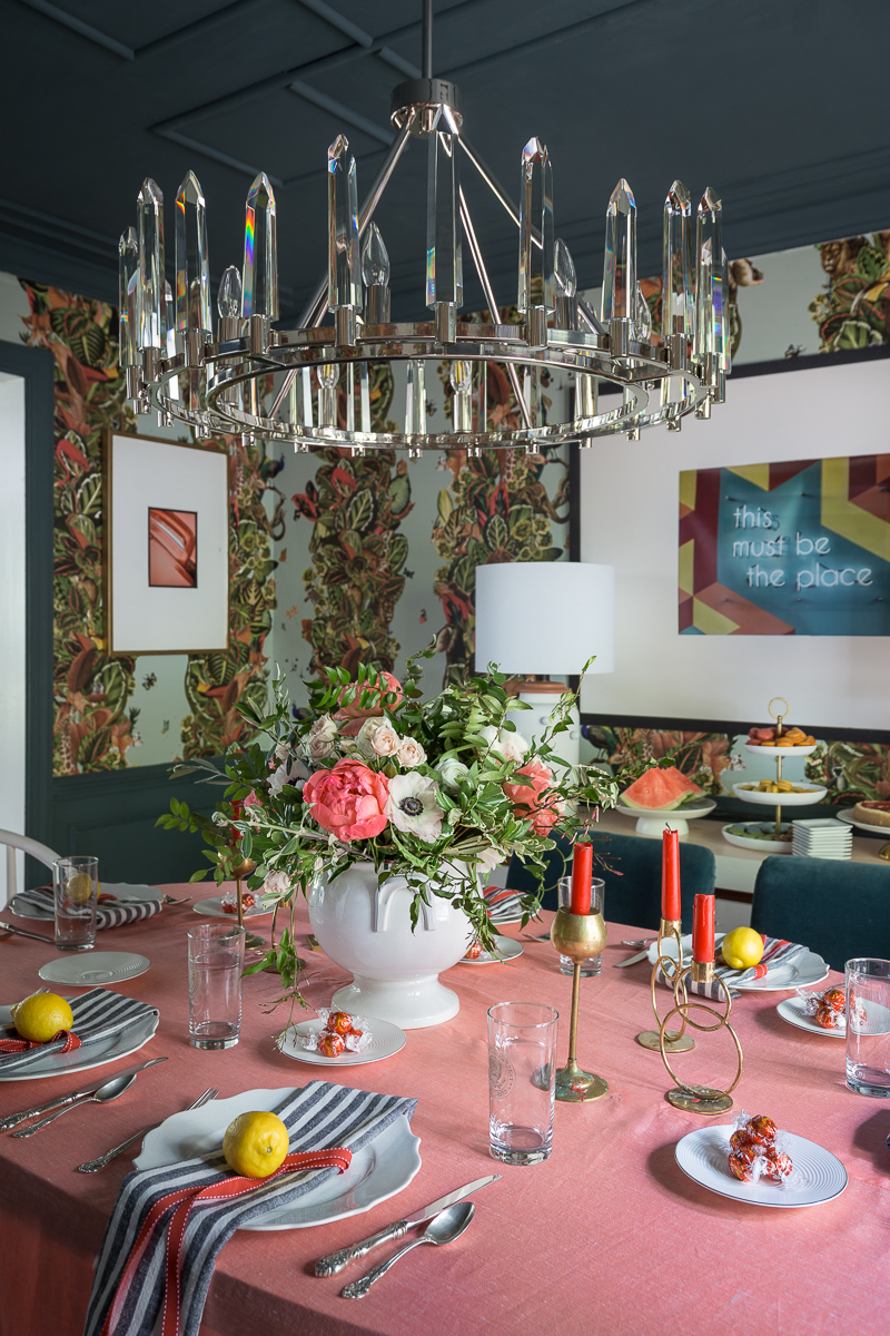 maximalist decor, maximalist dining room, eclectic dining room, ceiling treatment, inchyra blue, Farrow and Ball, wallpaper, bold, modern chandelier, crystorama, Watson chandelier, crystal, silk drapes, milo baughman, chairs, mcm, wishbone chairs, flower arrangement, floral arrangement, tablescape, summer, maximalist dining room