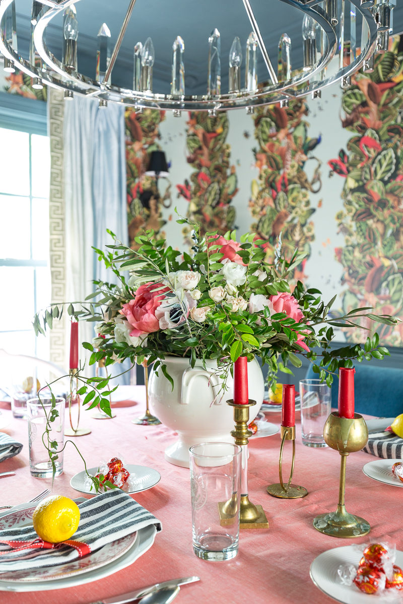 eclectic dining room, ceiling treatment, inchyra blue, Farrow and Ball, wallpaper, bold, modern chandelier, crystorama, Watson chandelier, crystal, silk drapes, milo baughman, chairs, mcm, wishbone chairs, flower arrangement, floral arrangement, tablescape, summer