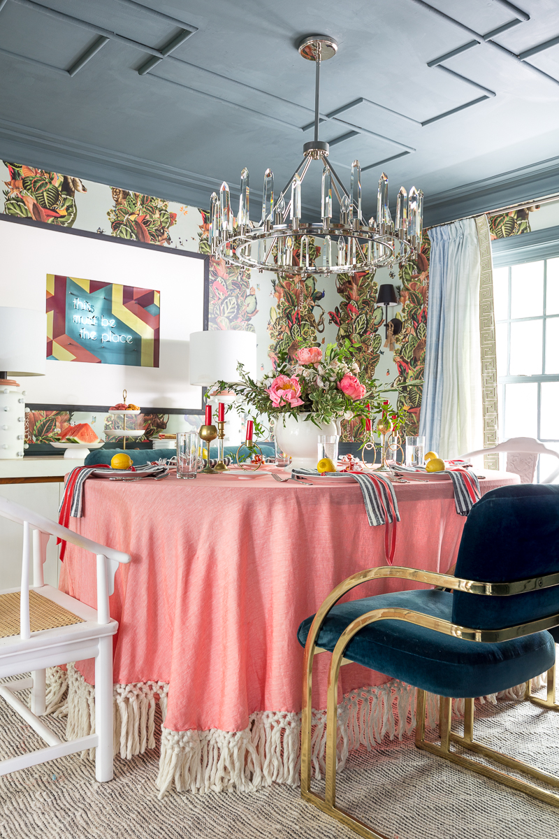 eclectic dining room, ceiling treatment, inchyra blue, Farrow and Ball, wallpaper, bold, modern chandelier, crystorama, Watson chandelier, crystal, silk drapes, milo baughman, chairs, mcm, wishbone chairs, flower arrangement, floral arrangement, tablescape, summer, maximalist dining room