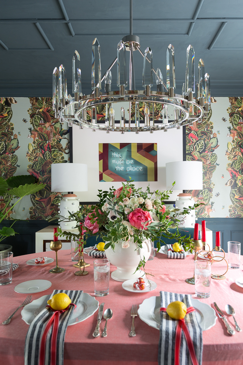 eclectic dining room, ceiling treatment, inchyra blue, Farrow and Ball, wallpaper, bold, modern chandelier, crystorama, Watson chandelier, crystal, silk drapes, milo baughman, chairs, mcm, wishbone chairs, flower arrangement, floral arrangement, tablescape, summer