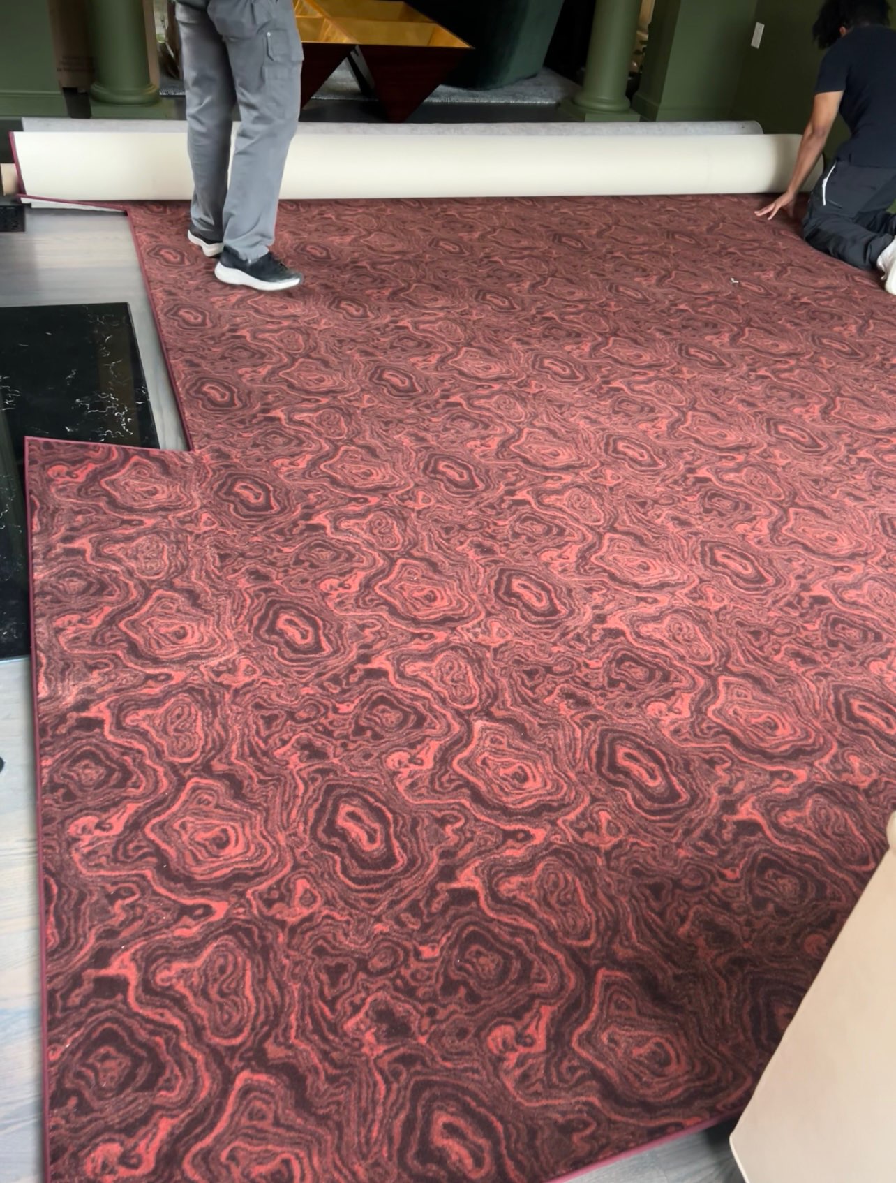 Carpet, marble, broadloom. fireplace cut out, rug, custom, One room challenge, red rug
