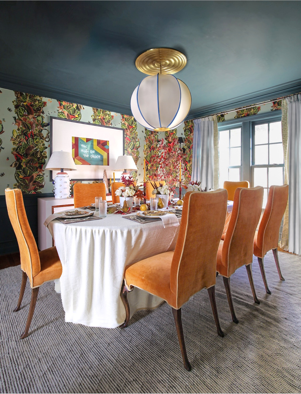 Orange dining chairs, maximalist dining room, eclectic, inchyra blue