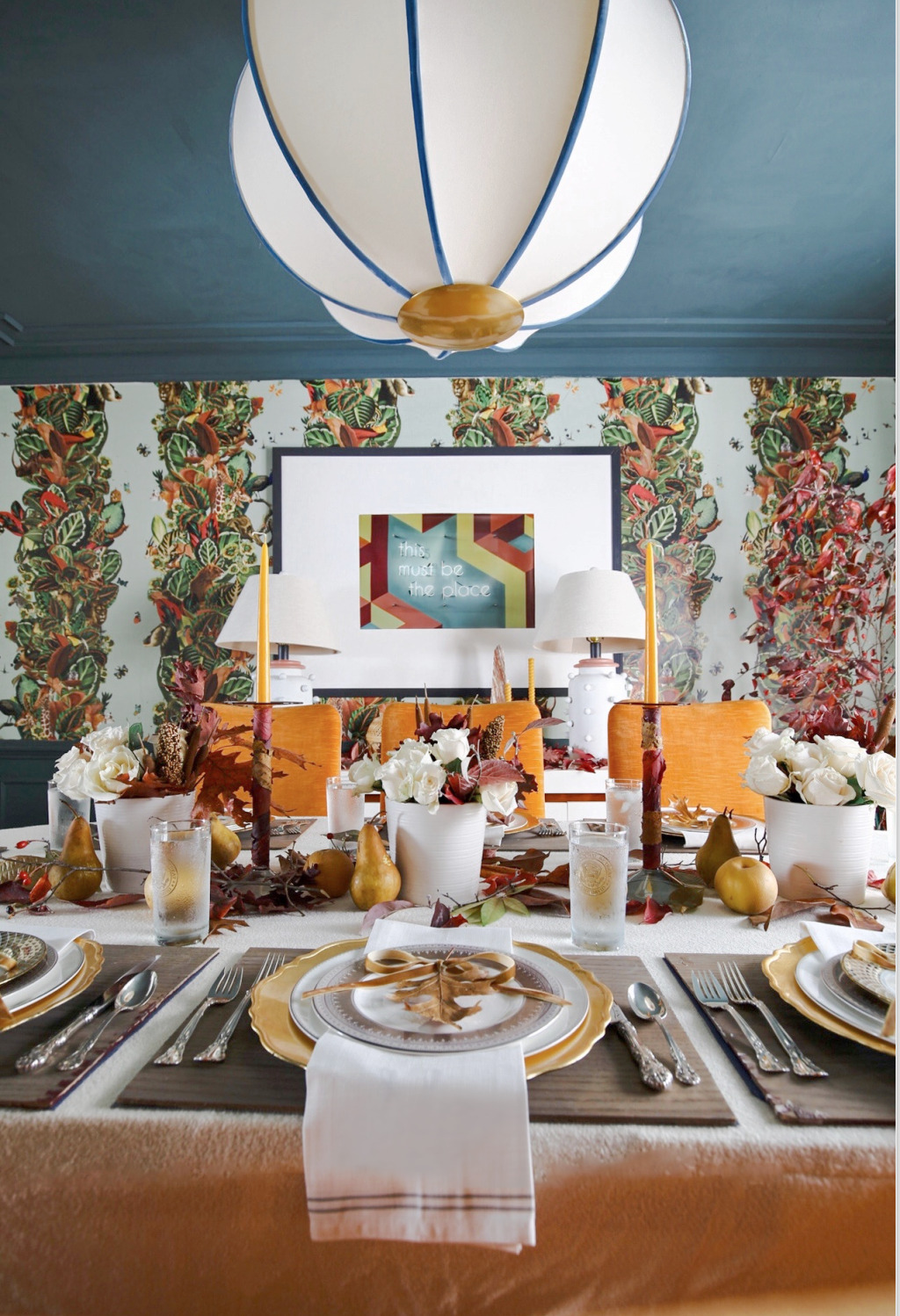 fall dining room decor, fall tablescape, jupiter chandelier, orange chairs