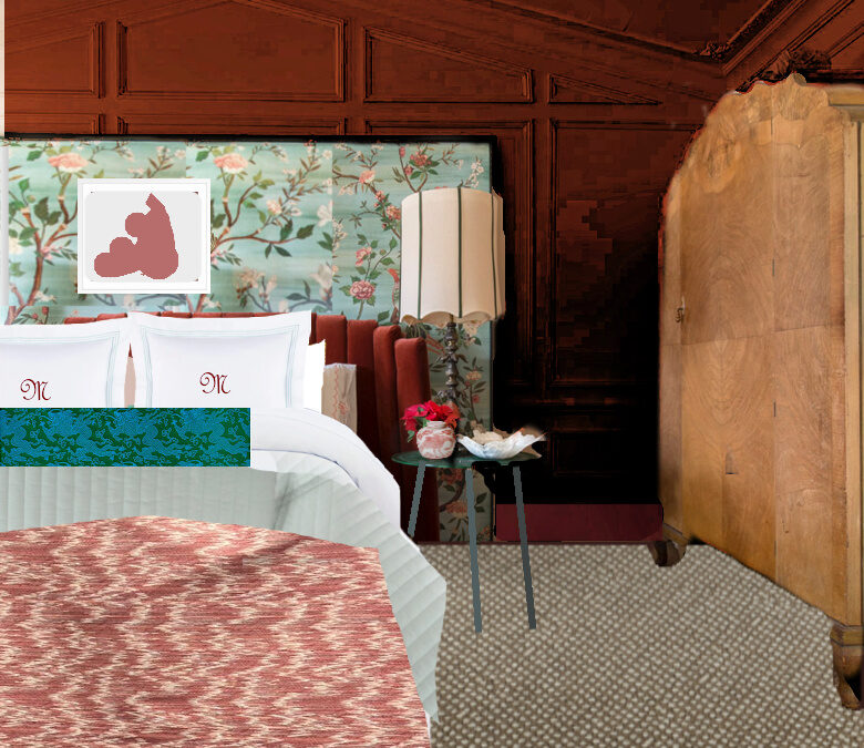 red bedroom, cinnabar, red room, benjamin moore, chinoiserie screen, flame stich bedding, ruan silk, schumacher