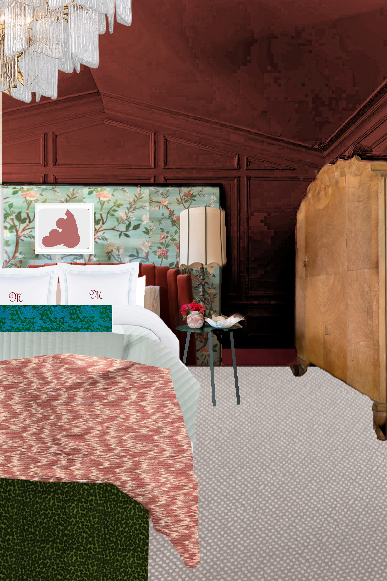 red bedroom, cinnabar, red room, benjamin moore, chinoiserie screen, flame stitch bedding, ruan silk, schumacher