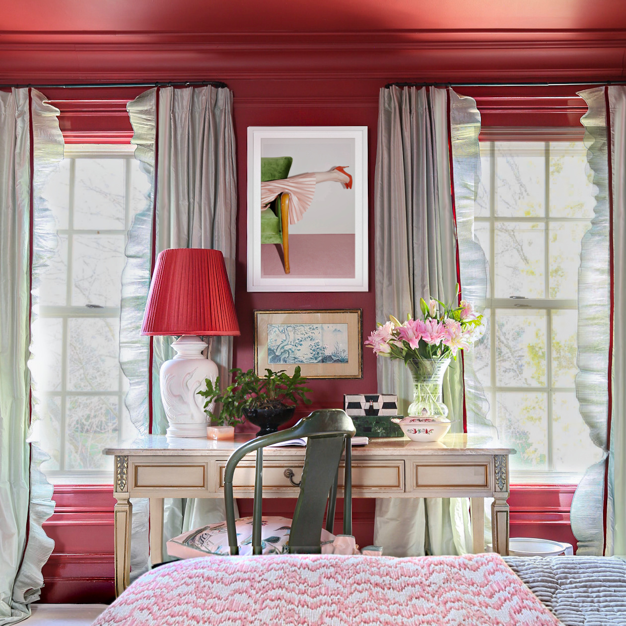 Jeweled interiors, interior design blog, color, maximalist, maximalism, colorful, glamorous, soulful, antiques, red bedroom, red lampshade, modern art, ruffle drapes, neoclassical desk, chinoiserie chair, blog