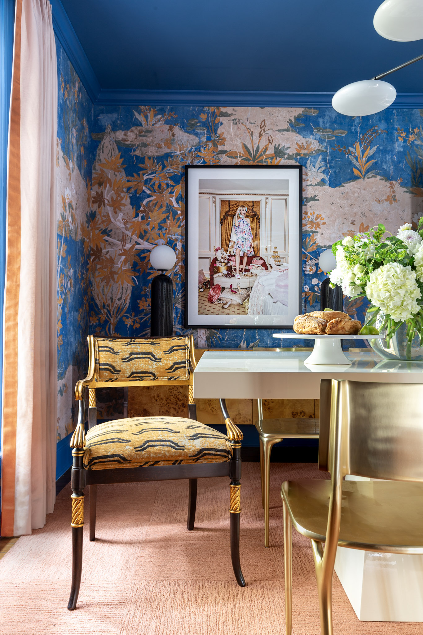 bold dining room, blue, gold, pink, animal print, neoclassical chair, eclectic, regency style, brass chairs, visual comfort, klismos, chinoiserie, entertianing, dining, room, dining room, beautiful, gorgeous, 2025 trends, eclectic, antique