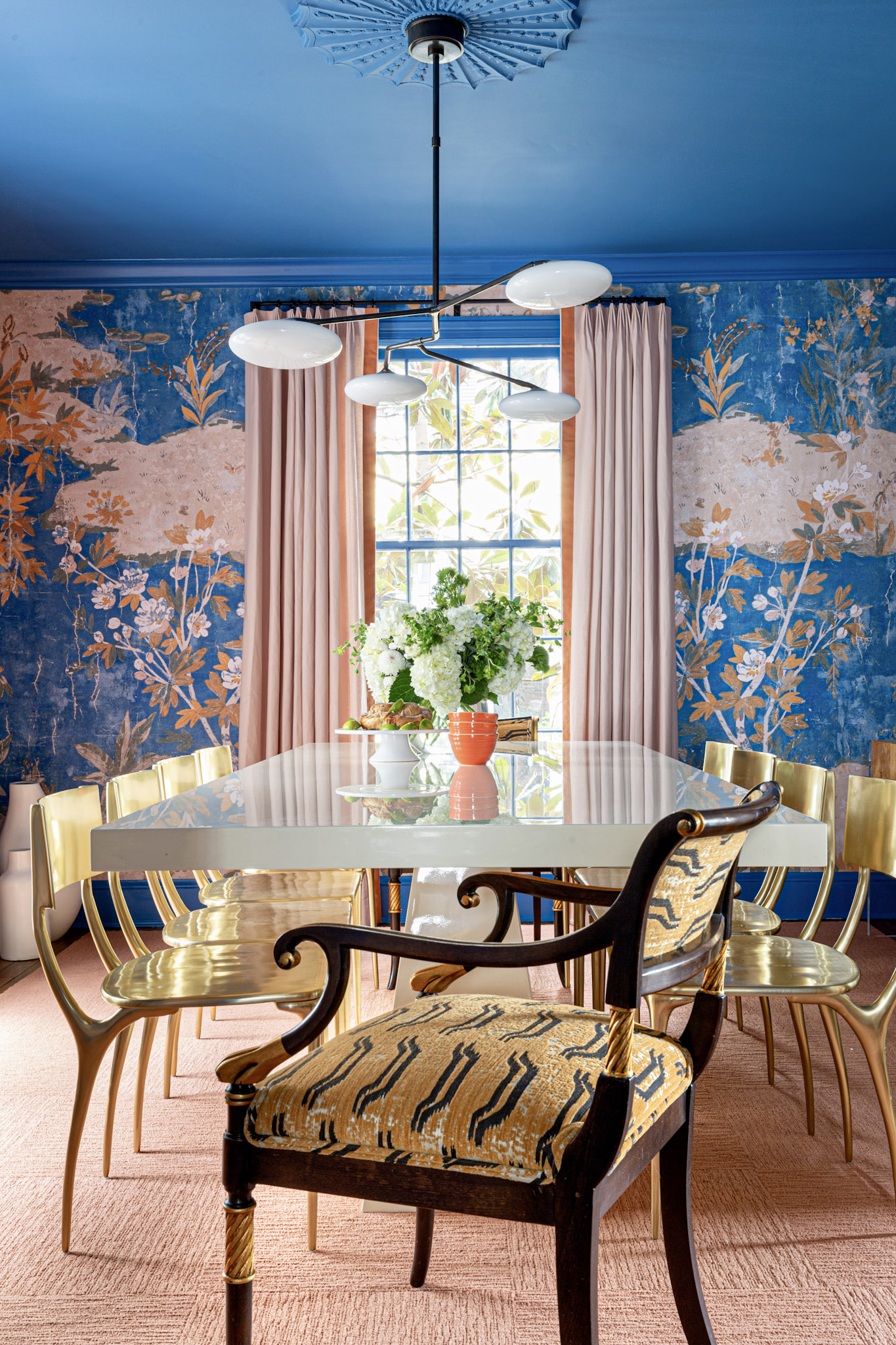 bold dining room, blue, gold, pink, animal print, neoclassical chair, eclectic, regency style, brass chairs, visual comfort, klismos, chinoiserie, entertianing, dining, room, dining room, beautiful, gorgeous, 2025 trends, eclectic, antique