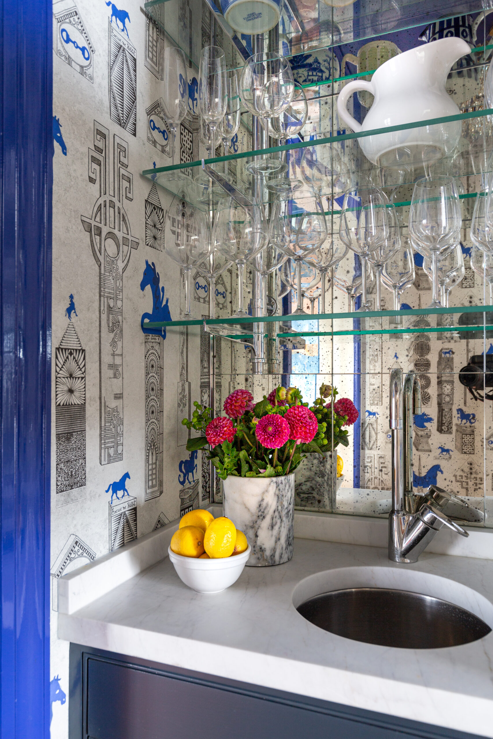 glamorous wet bar , visual comfort, glamorous flush mount, high gloss paint, blue, jennifer shorto wallpaper