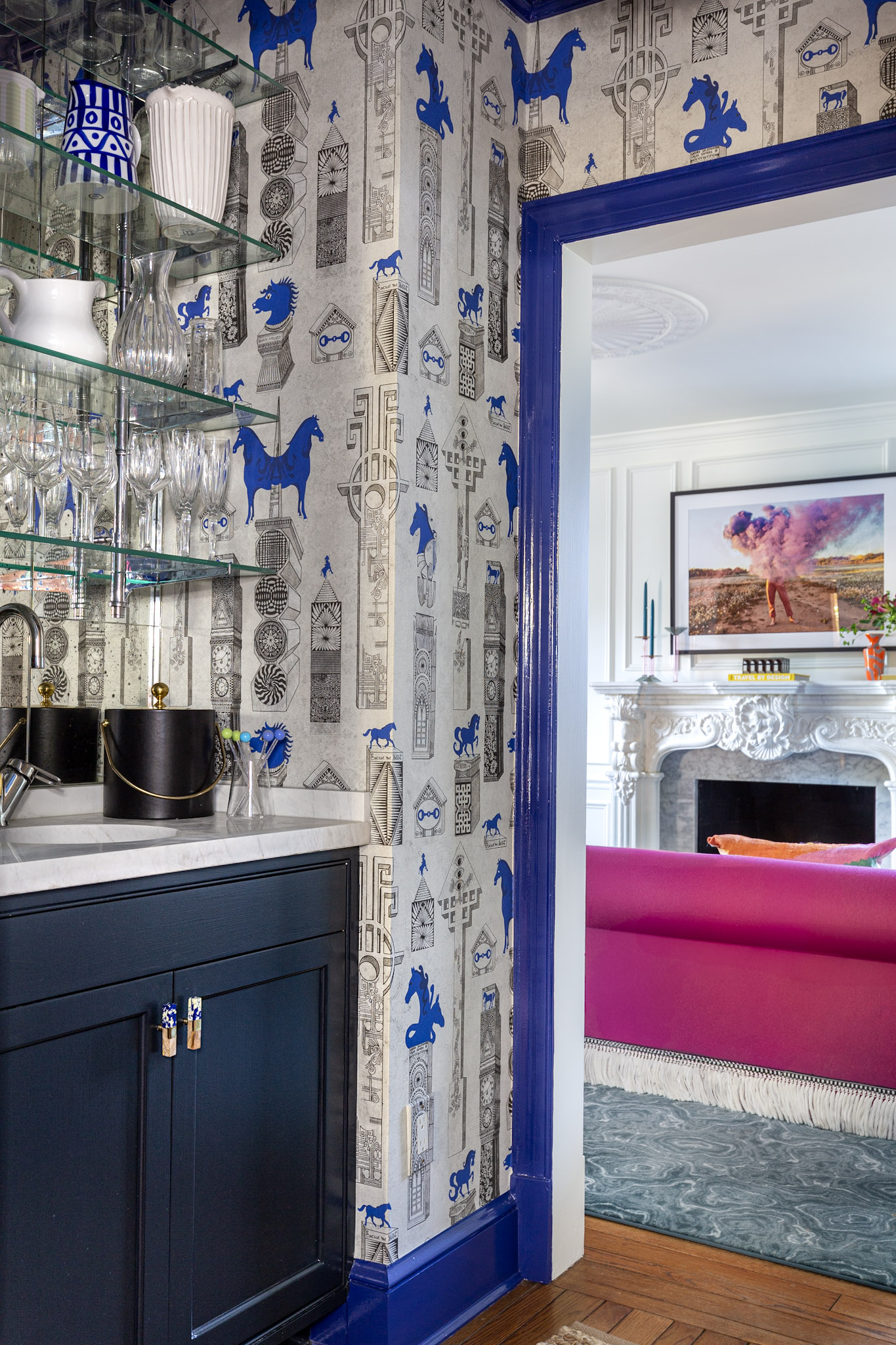 glamorous wet bar, visual comfort, glamorous flush mount, high gloss paint, blue, jennifer shorto wallpaper, marble countertop, custom brass shelving, view to dramatic dining room, chinoiserie<br />
