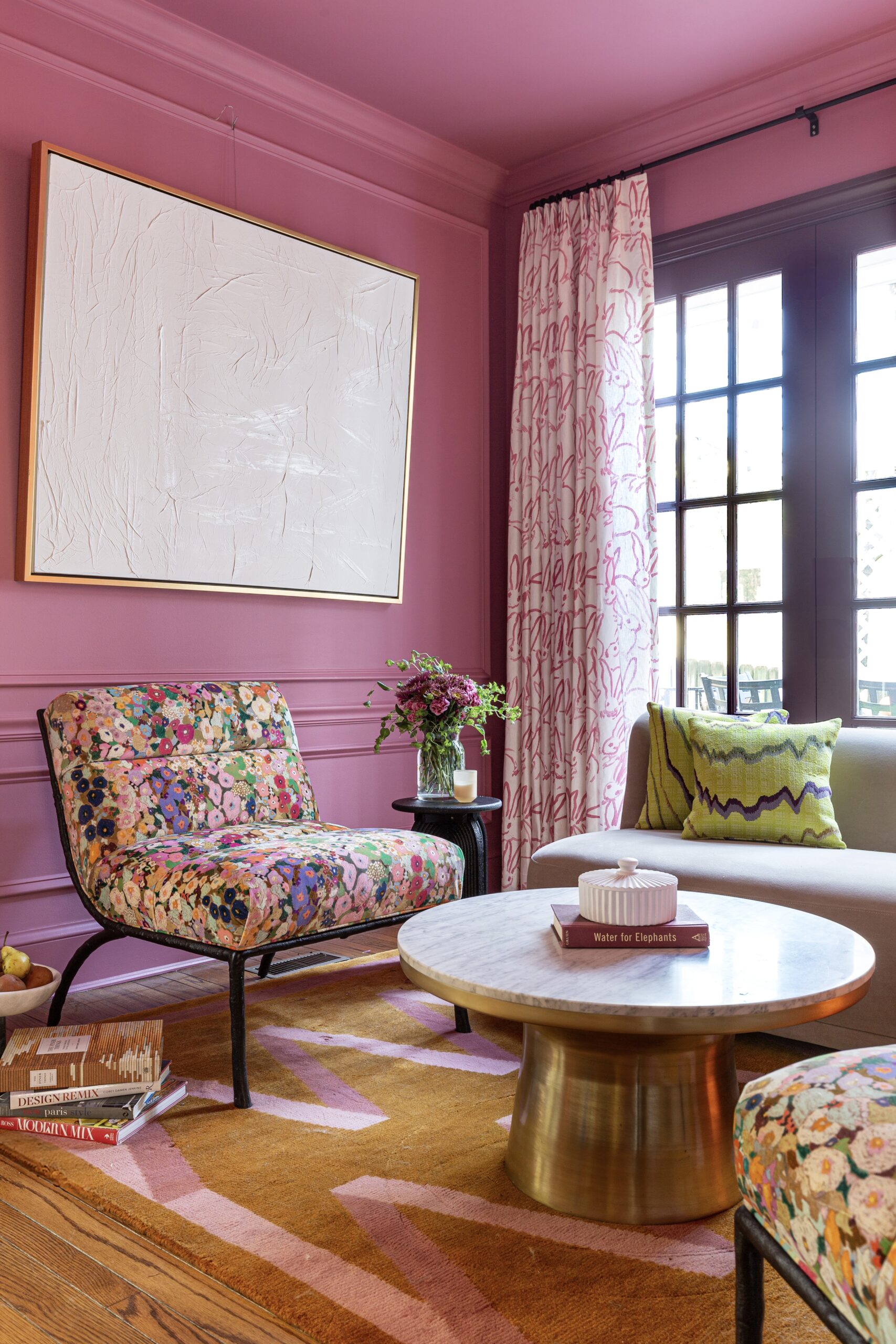 luxury, feminine office, eclectic, bold, powder room, reveal, rangwali, pink, farrow and ball, hunt slonem, bunnies, groundworks, kravet, missoni, pillow, zig zag, rug, pink and brown, lime green, hollhocks velvet, house of hackney