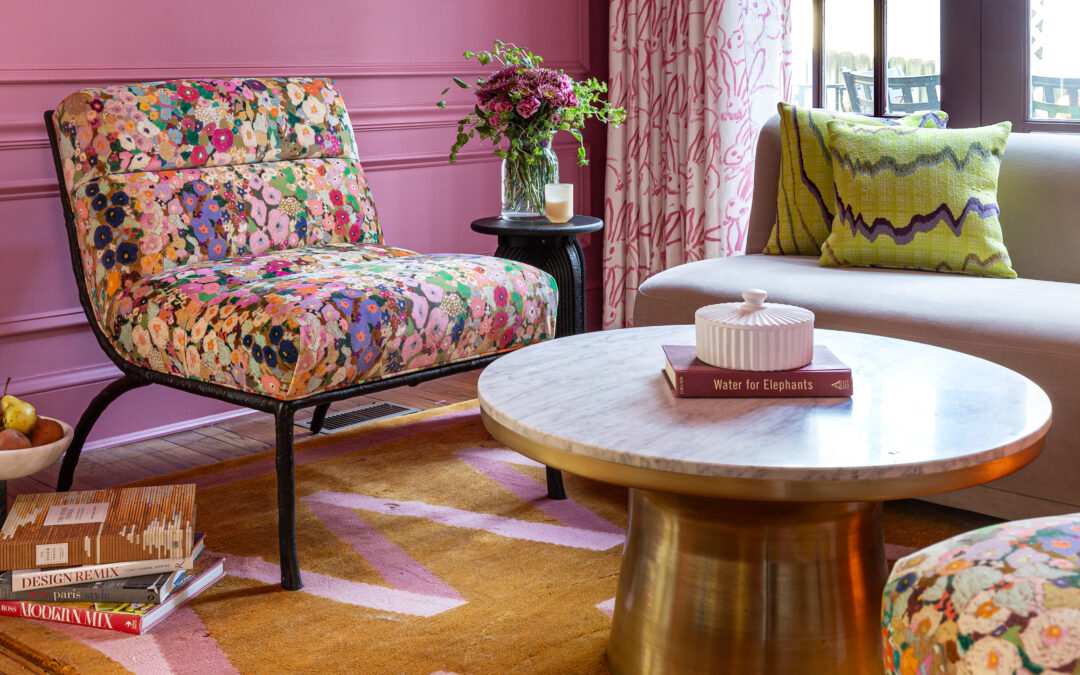 luxury, feminine office, eclectic, bold, powder room, reveal, rangwali, pink, farrow and ball, hunt slonem, bunnies, groundworks, kravet, missoni, pillow, zig zag, rug, pink and brown, lime green, hollhocks velvet, house of hackney