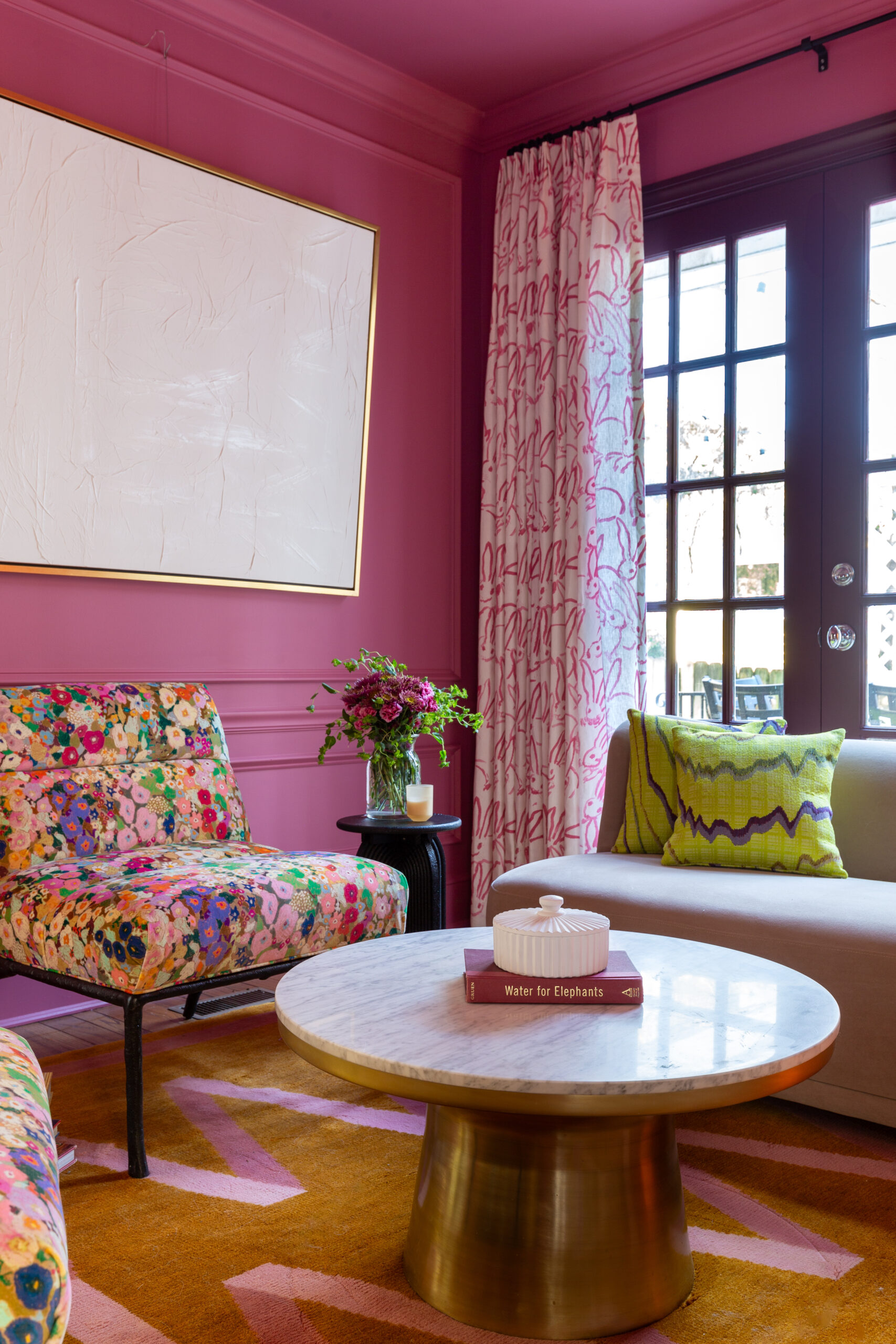 luxury, feminine office, eclectic, bold, powder room, reveal, rangwali, pink, farrow and ball, hunt slonem, bunnies, groundworks, kravet, missoni, pillow, zig zag, rug, pink and brown, lime green, hollyhocks velvet, house of hackney