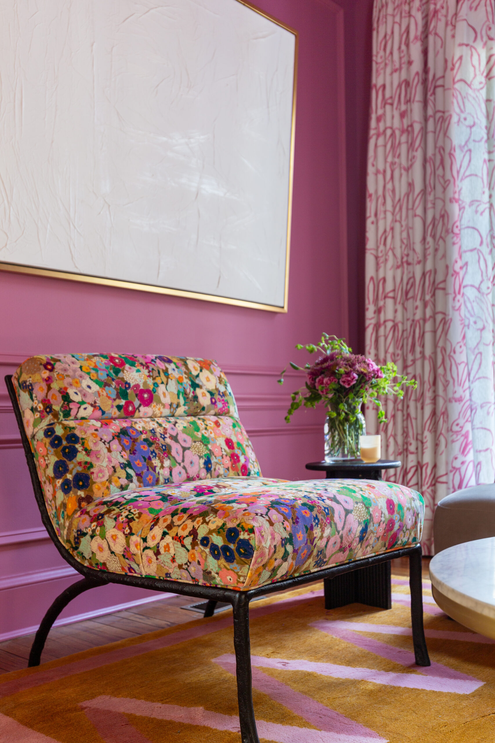 luxury, feminine office, eclectic, bold, powder room, reveal, rangwali, pink, farrow and ball, hunt slonem, bunnies, groundworks, kravet, missoni, pillow, zig zag, rug, pink and brown, lime green, hollhocks velvet, house of hackney